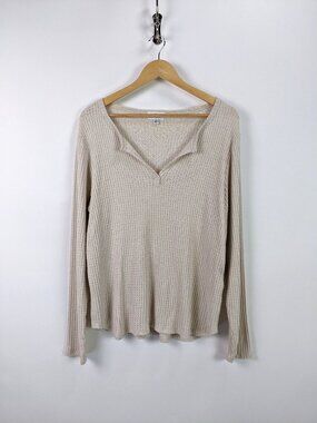 Socialite Womens Waffle Knit Henley V-Neck Long Sleeve Relaxed Top Beige - XXL